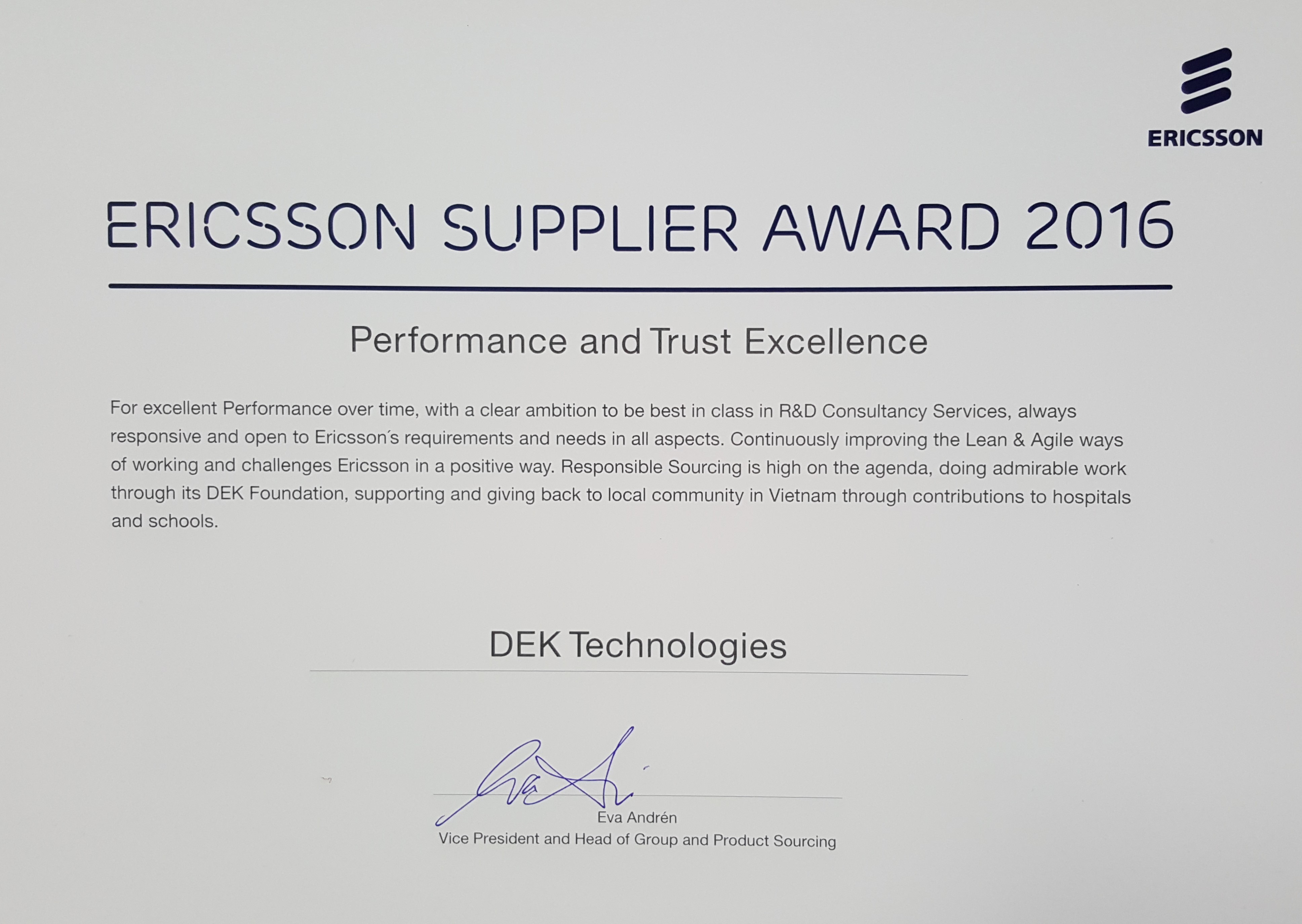 DEK Technologies Ericsson Supplier Award 2016